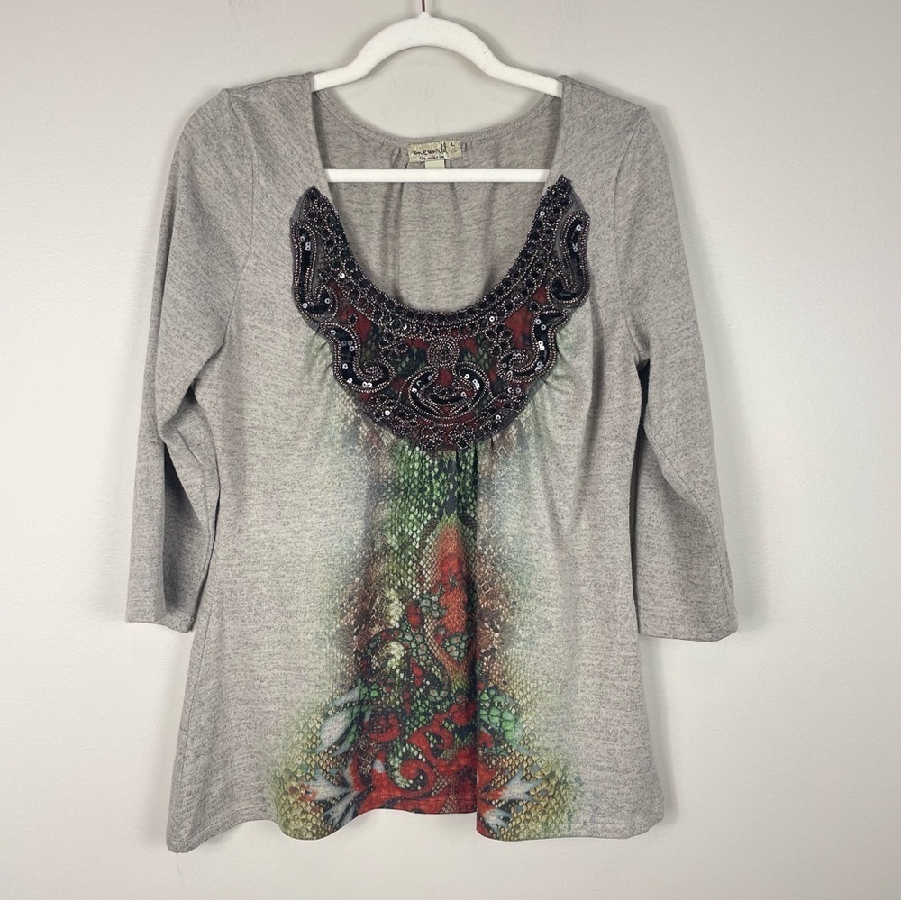 One World Blouse Womens Large Shirt Scoop Neck Embellished Beaded Tan Blouse